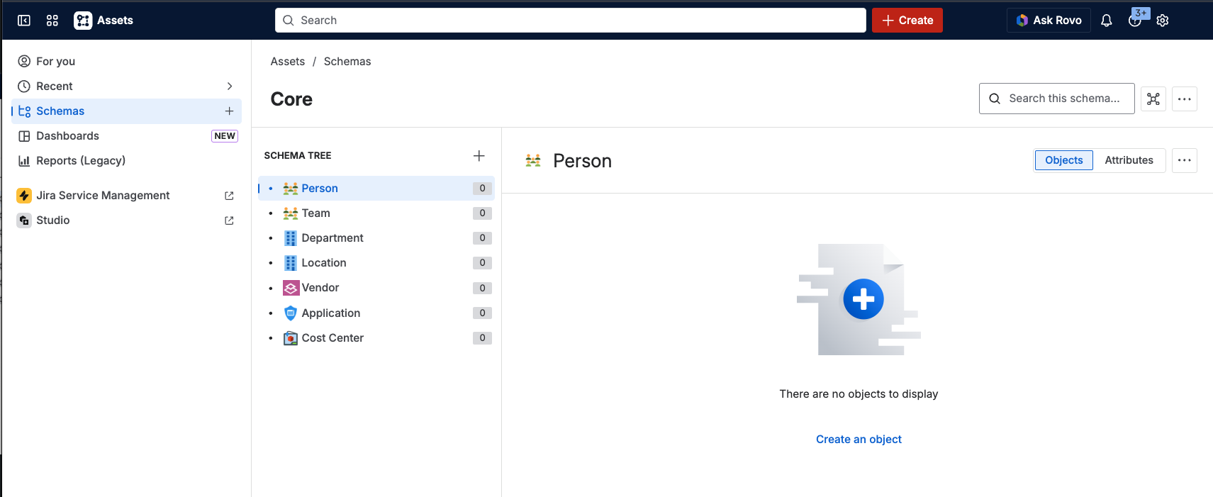 JSM Assets schema tree after deploying the Core structure with LaunchPad