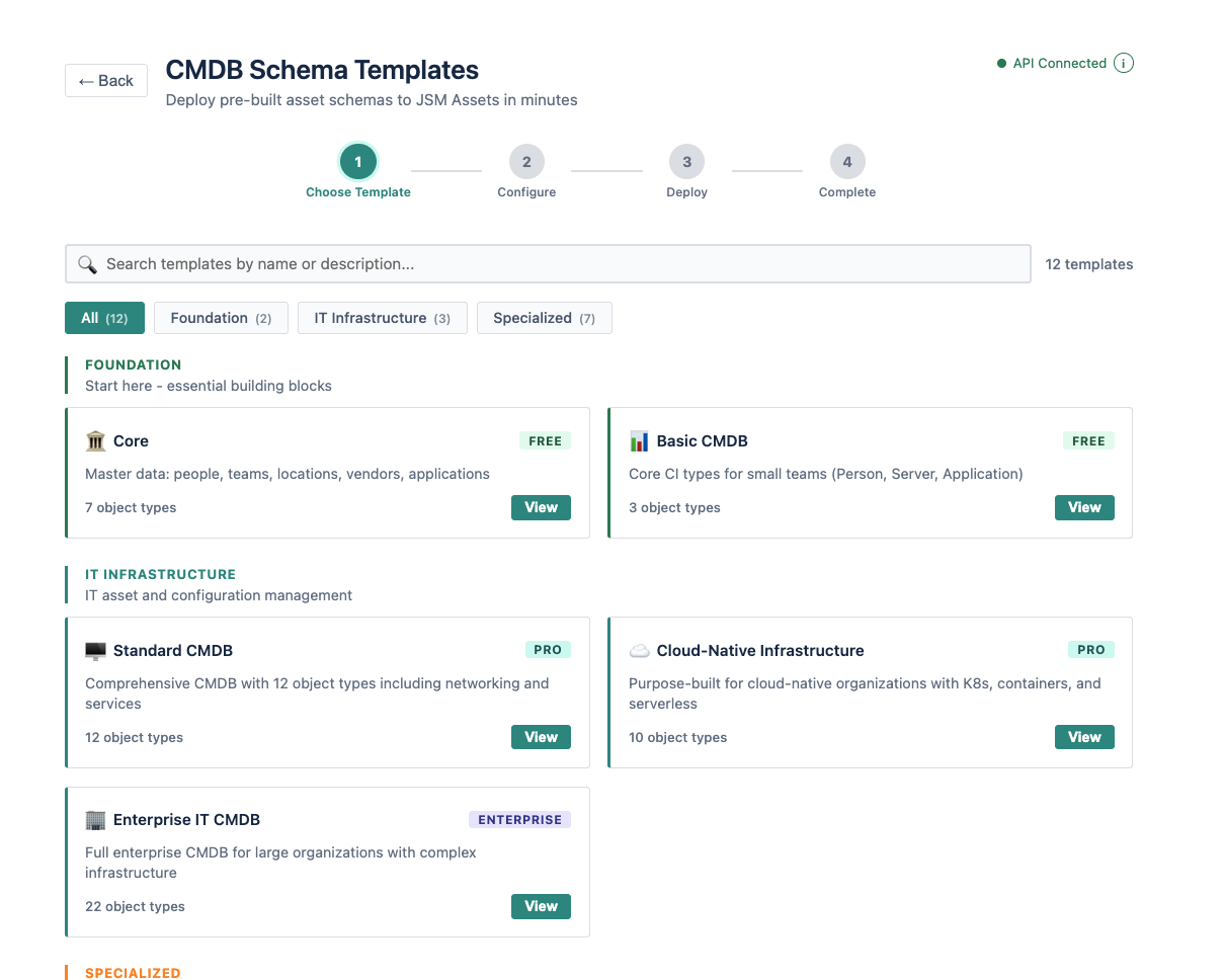 Choose from ready-made Assets structures in JSM LaunchPad